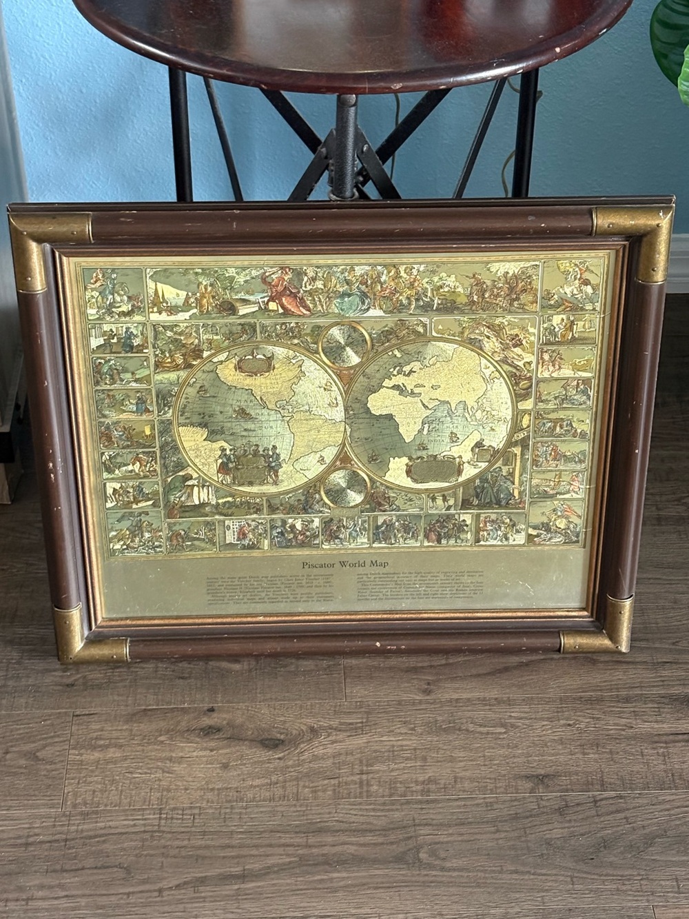 Vintage Double Hemisphere World Map Framed Print in Gold mahogany frame brass